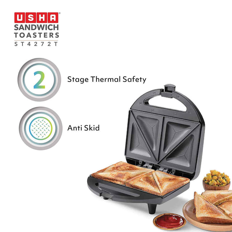 Usha Sandwich Maker Toaster (750W, 4-Slices, 2 Stage Thermal Safety, Led Indicators, Black)