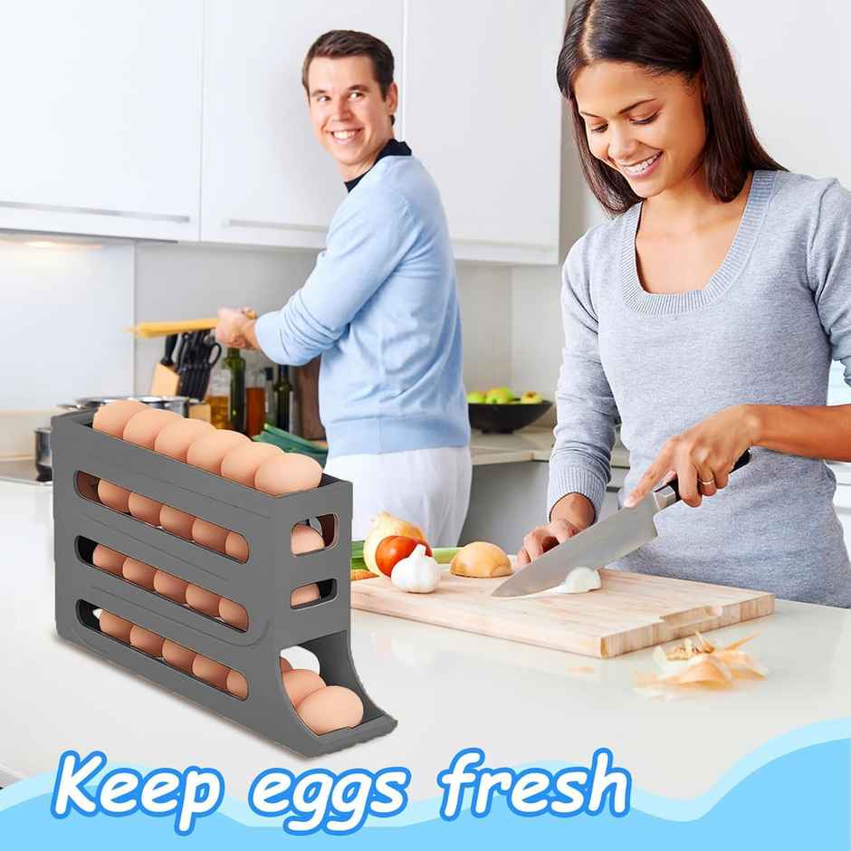 Zedak Plastic 3 Tier Roll Down Egg Storage Box | Grey - 1 pc