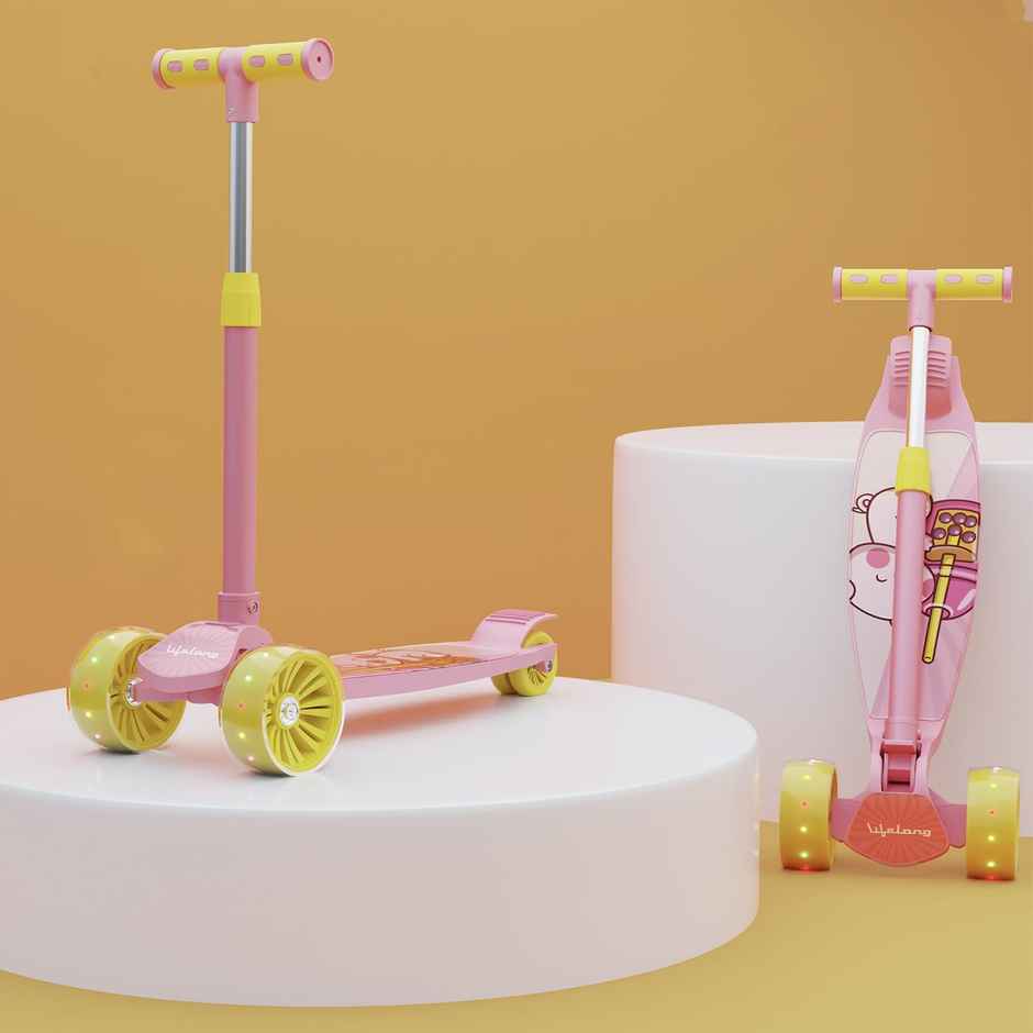 Lifelong Foldable Kids Scooter with LED Wheels | Max 50kg | Pink & Yellow