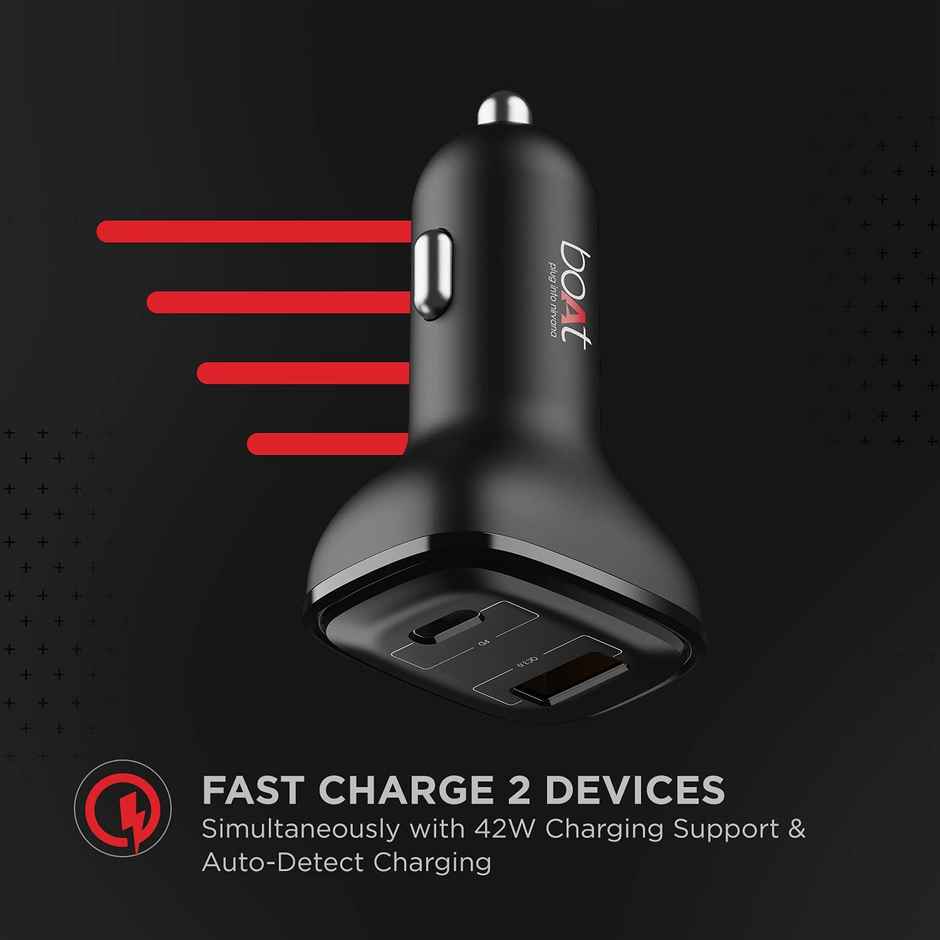 boAt Dual Port Qc-Pd 24W Fast Car Charger with 24W Fast Pd Charging & 18W Qc Charging Compatible with All Smartphones, Tablets & Laptops (Free Type C to Type C Cable) - Black
