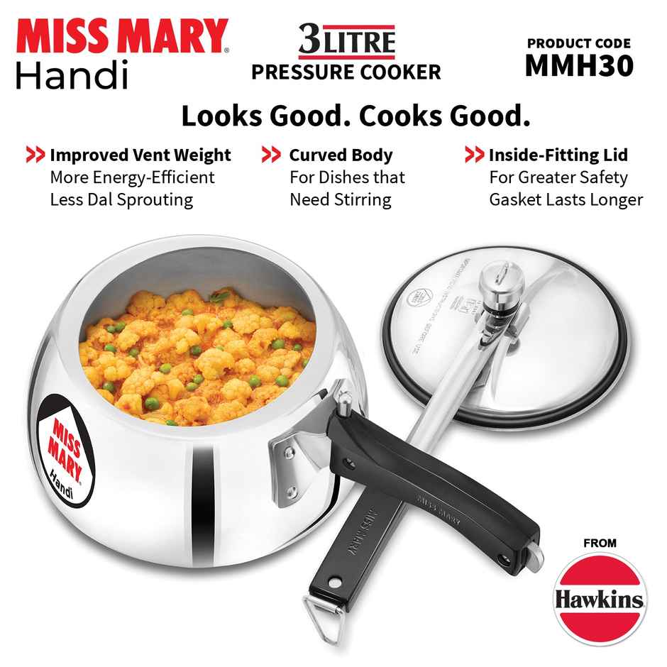 Hawkins 3 Litre Miss Mary Handi Pressure Cooker Inner Lid Cooker - Silver