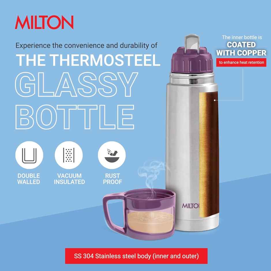 Milton Glassy Thermosteel 24 Hours Hot And Cold Water Bottle With Drinking Cup Lid | 1 L | Purple