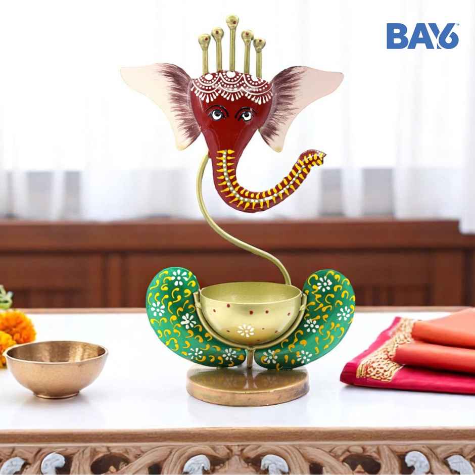 Bay6 Artisan Hand Painted Ganesh T-Light Holder | Multicolour | Artistic | Iron | Tealight Candle-Pooja