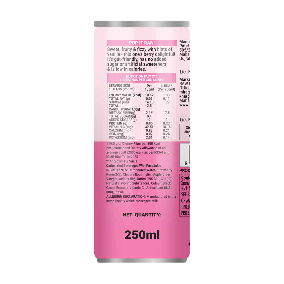 RAW POP Strawberry Vanilla Prebiotic Soda | Low Calorie | No Added Sugar | No Artificial Sweeteners