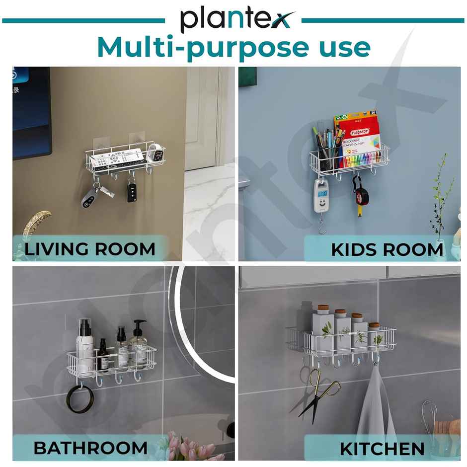 Plantex Stainless Steel Multipurpose Self-Adhesive Bathroom Shelf with Hooks - Chrome Finish