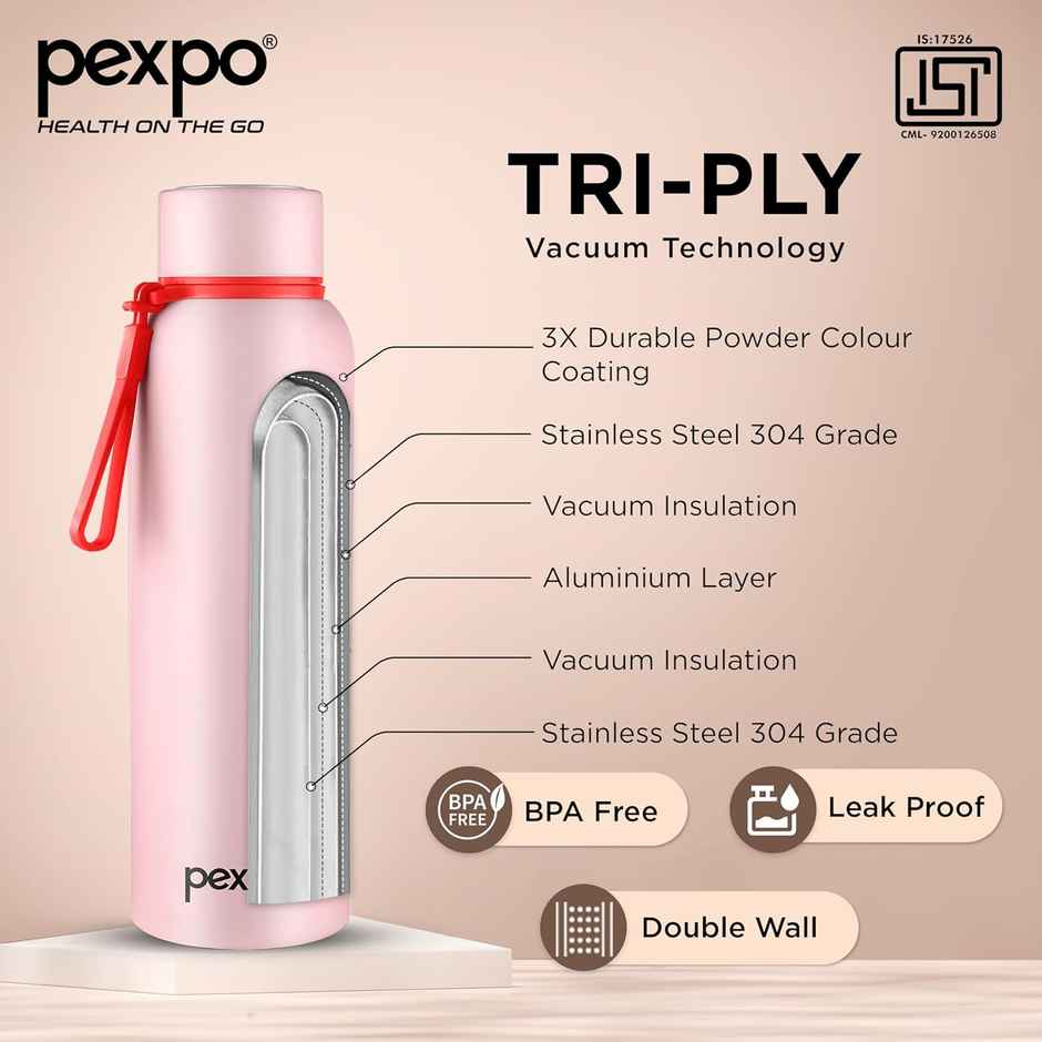 Go24 Bravo Stainless Steel Thermos Bottle | Baby Pink | ISI Certified | 24-Months Warranty