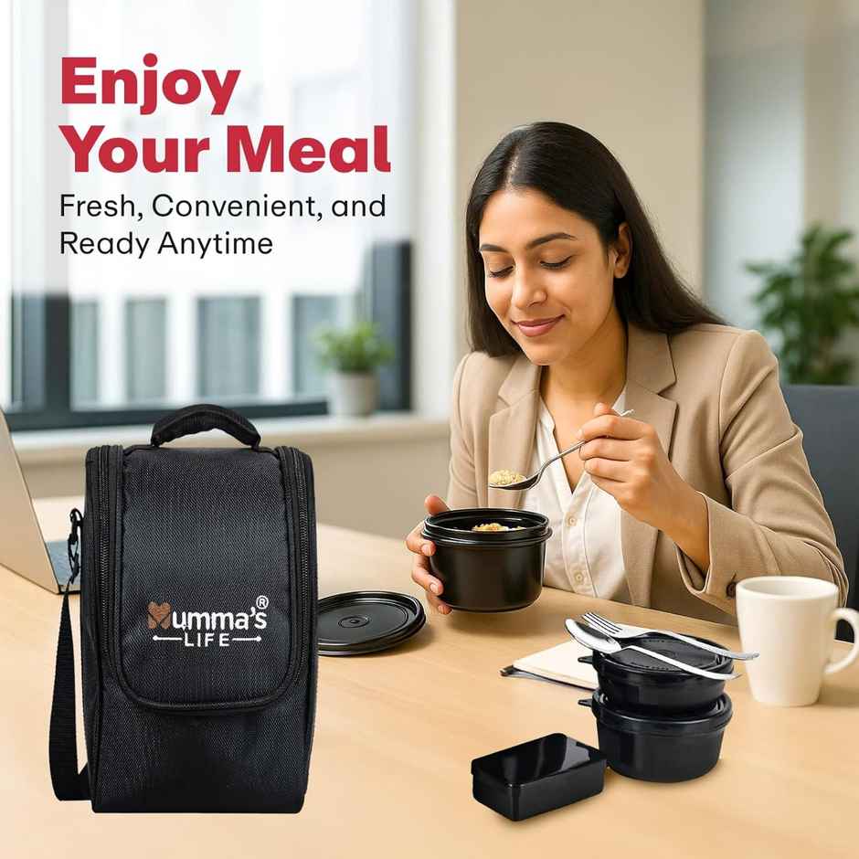 Mumma's LIFE Lunch Box, Microwave Safe, 3 Inside Steel Container with Steel Cutlery | Black