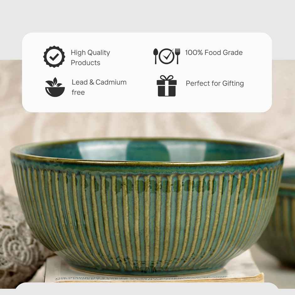 The Earth Store Glam Green 2Pc Ceramic Bowl Gift Set, 500 ml Each Microwave Safe, Snack Serving