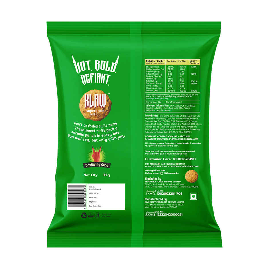 Klaw Sweet Chilli Supergrain Puffs | Baked Not Fried | High Protein | Made with Olive Oil