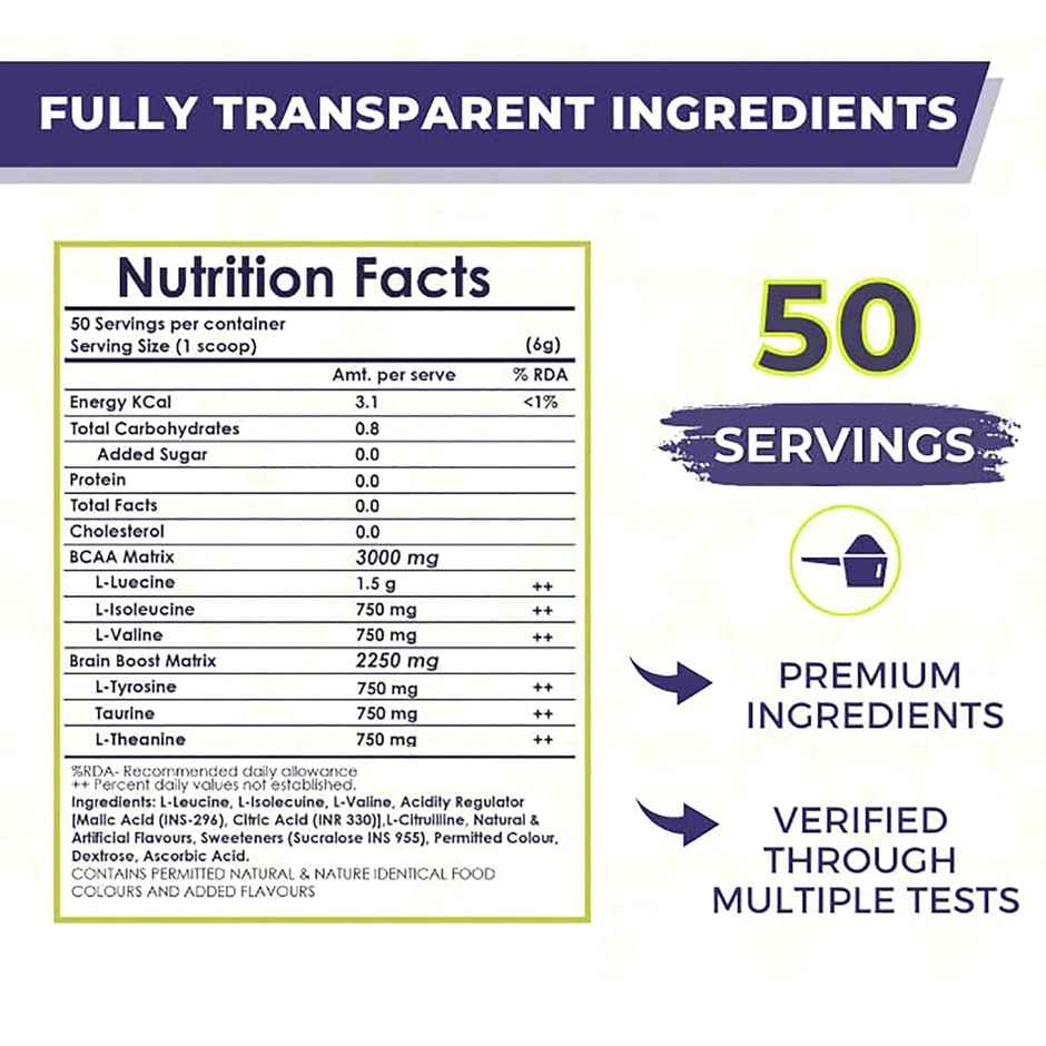 Muscle Asylum Bcaa - With Brain Boosters -Finely Micronized Vegan, Recovery, Memory Orange Mango