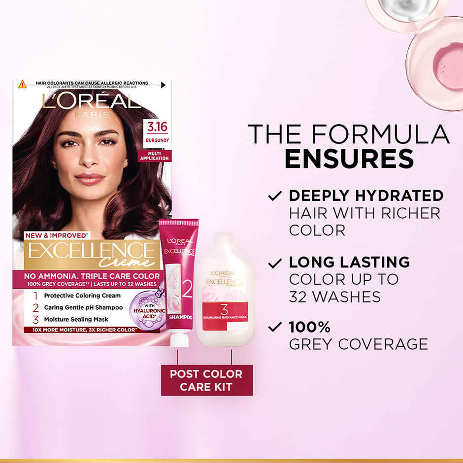 L'Oreal Paris New Excellence Creme Hair Color Mini Shade 3.16 Burgundy | 20g + 20ml + 5ml + 5g
