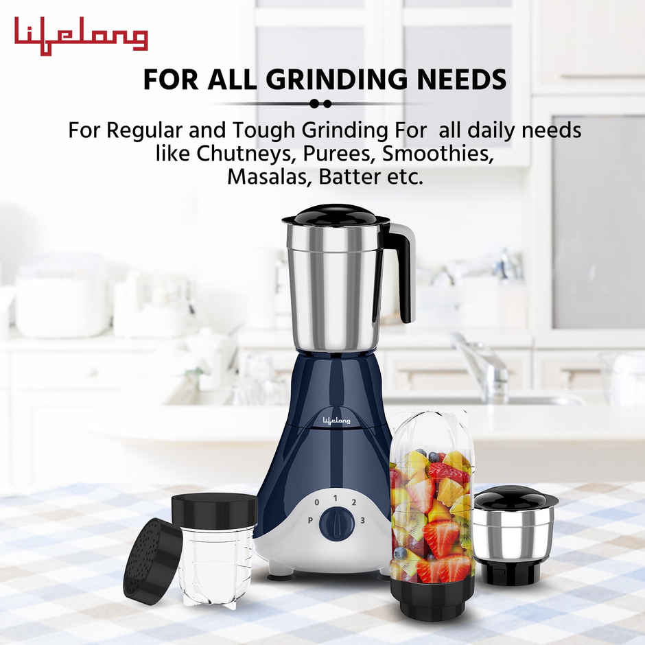 Lifelong Mixer Grinder | 500 W | 4 Jars - 2 Stainless Steel Jars and 2 Nutri bullet Jars for Smoothie & Blending - Blue