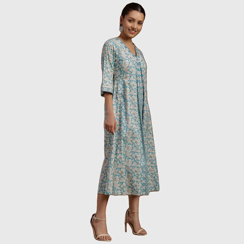 Libas Women's Floral Printed Panelled A-Line Dress with Pleated Style And Pocket | 29115O | Blue - M