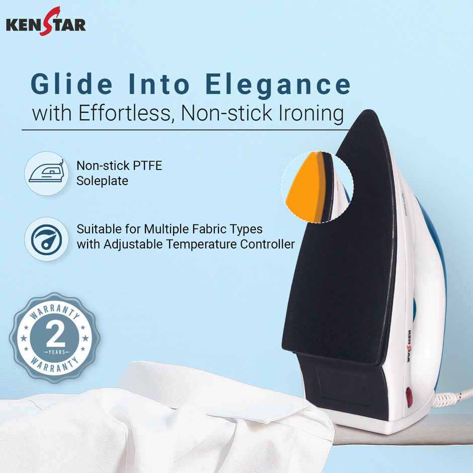 Kenstar Xpresso 1000 W Dry Iron Quick Heat Up, Anti Bacterial Dual Coated Soleplate-Blue & White