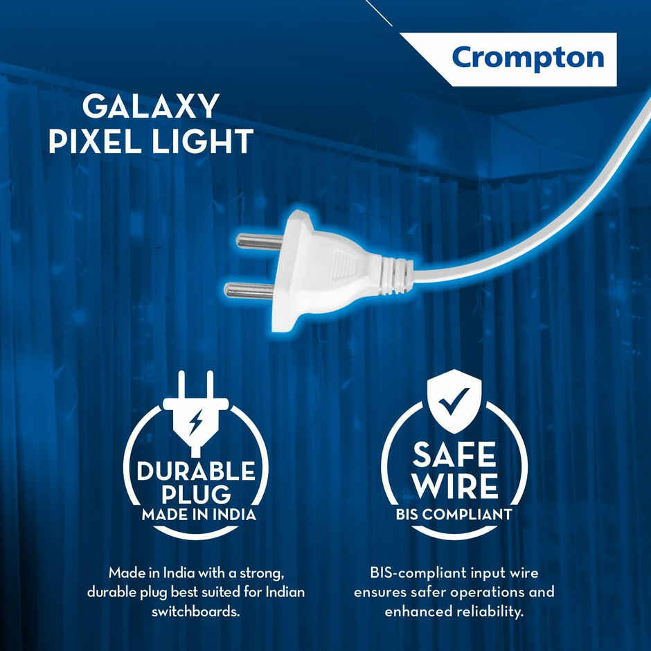 Crompton Galaxy Pixel Festive Lights| 10 m | 48 LEDs| Multicolour | Direct 2-pin Plug, BIS Safe Wire