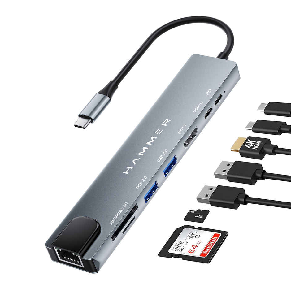 Hammer 8-in-1 USB-C Hub | 100W PD Charging, 5Gbps Data Transfer, HDMI 4K, RJ45 Ethernet Port | Grey