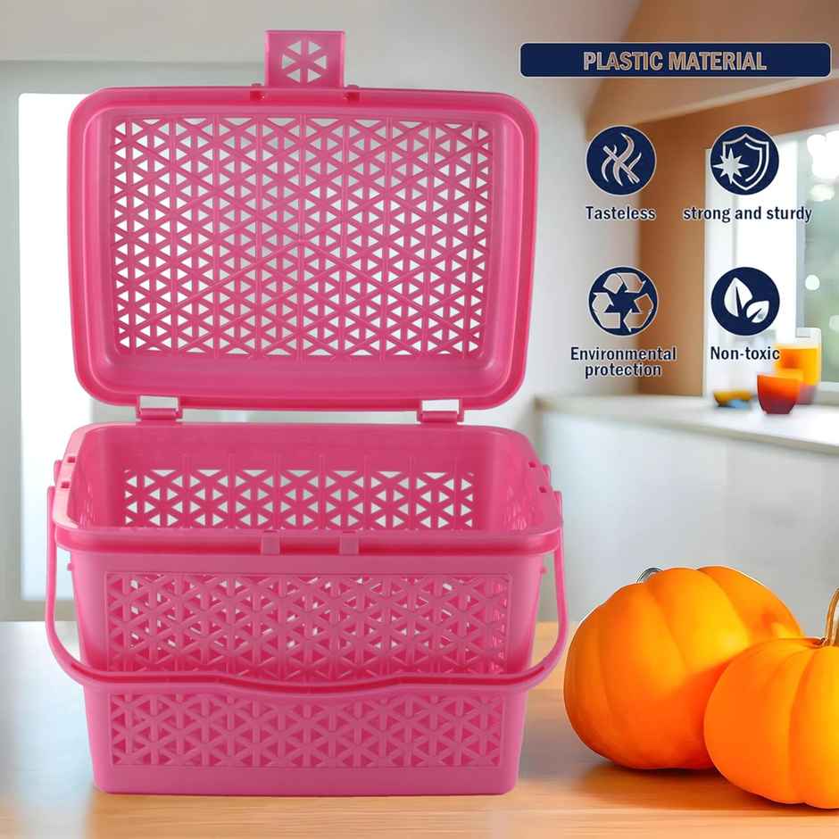 Kuber Industries Plastic Multipurpose Trendy Shopping Big Basket with Lid (Pink)