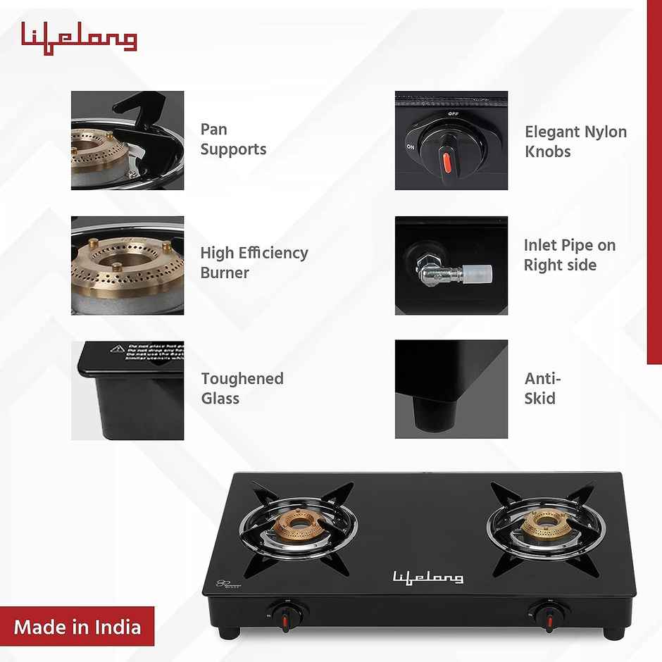 Lifelong 2 Burner Gas Stove Top -Automatic Ignition for Modular Kitchen| Compatible with LPG