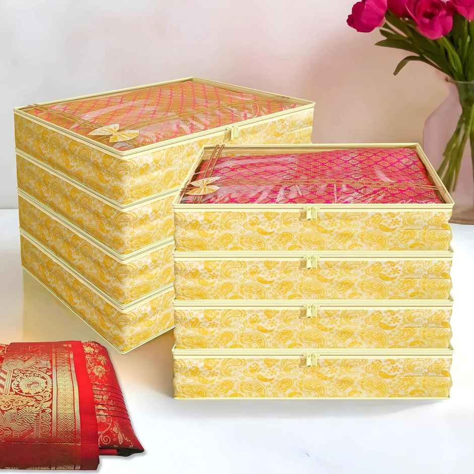 Kuber Industries Clothes Organizer for Wardrobe | Pack of 8 | Single Saree Covers with Zip (Gold)