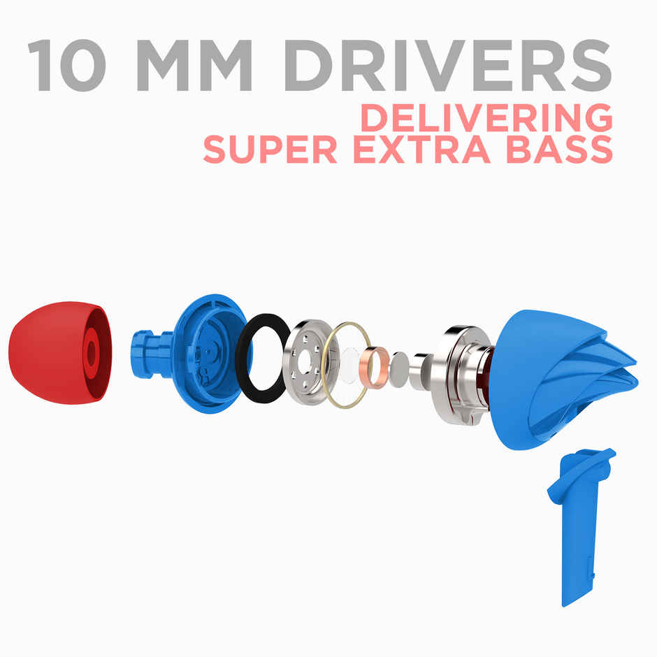boAt BassHeads 100 Wired Earphones with Hawk Inspired Design, Super Extra Bass & Mic (Red & Blue)