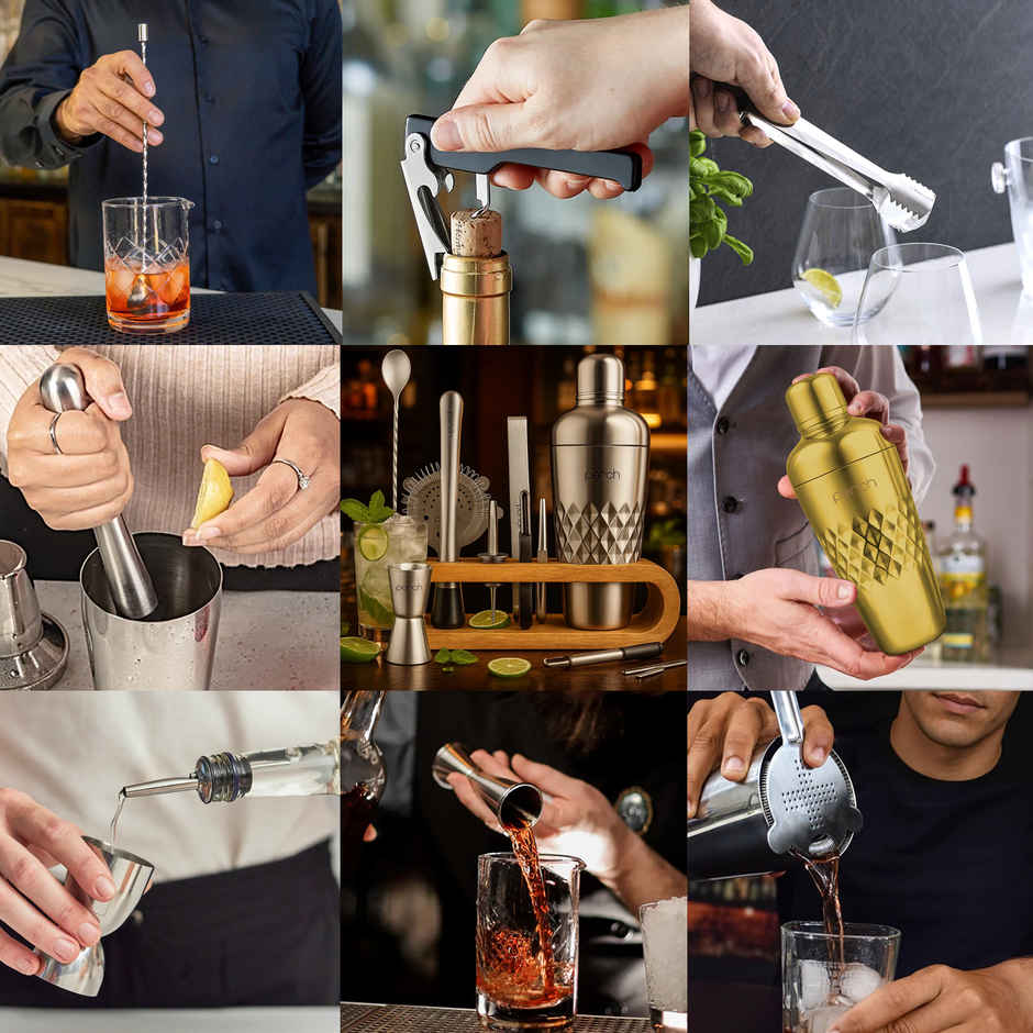 Perch O Holic Bartender Kit | 750 ml Belly Shaker Mango Wood Stand | Gold