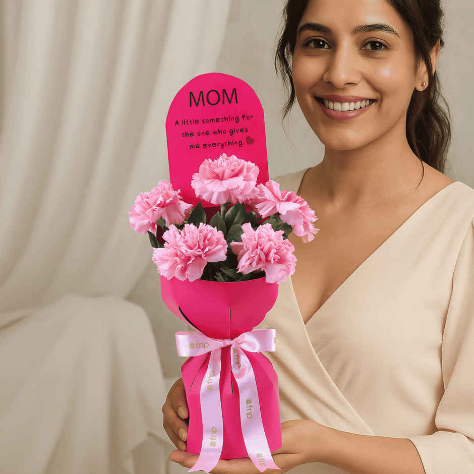 Cream Bell Double Chocolate Ice Cream Cake (500ml) & Fnp Mother'S Day 10 Carnation Bouquet (1pc) & Happy Mail Mom Knows Best Card (1pc) Combo