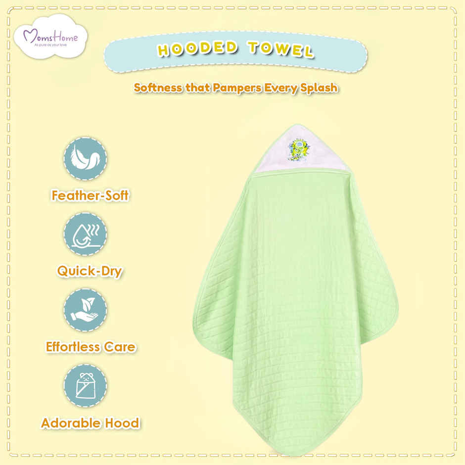Moms Home Ultra Soft Cotton Baby Hooded Towel - Green - 70X70 Cm ( 0-3 Months )