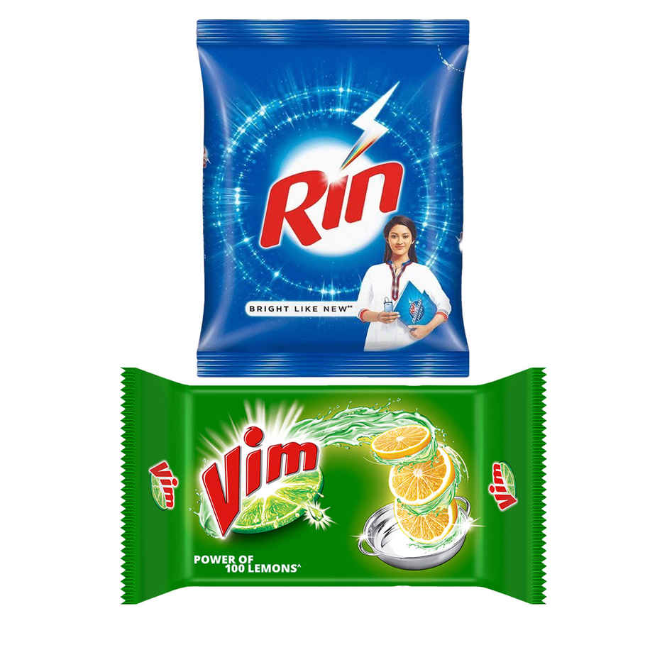 Vim Lemon Dishwash Bar (300g) & Rin Detergent Powder (1kg) Combo