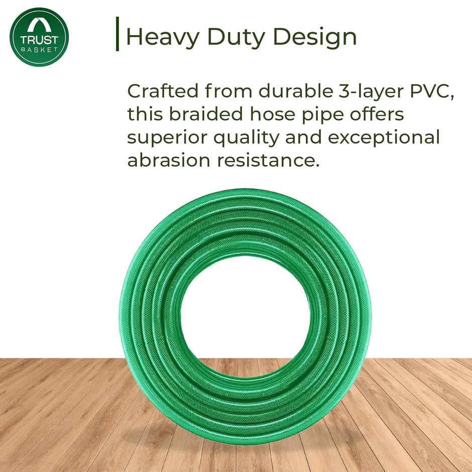 TrustBasket Braided PVC Hose Pipe | Water Pipe with Spray Gun for Garden Use | Green - 20 m