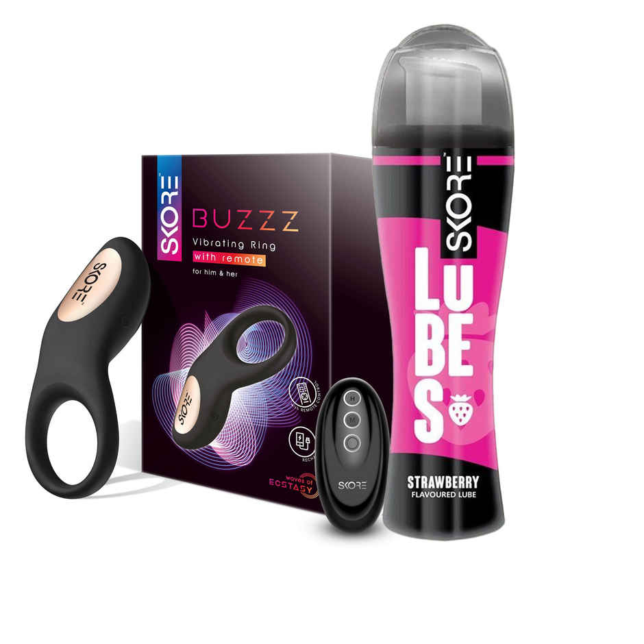 Skore Vibrating Ring - Buzzz With Remote For Him And Her (1pc) & Skore Lubes - Strawberry Flavour (50ml) Combo