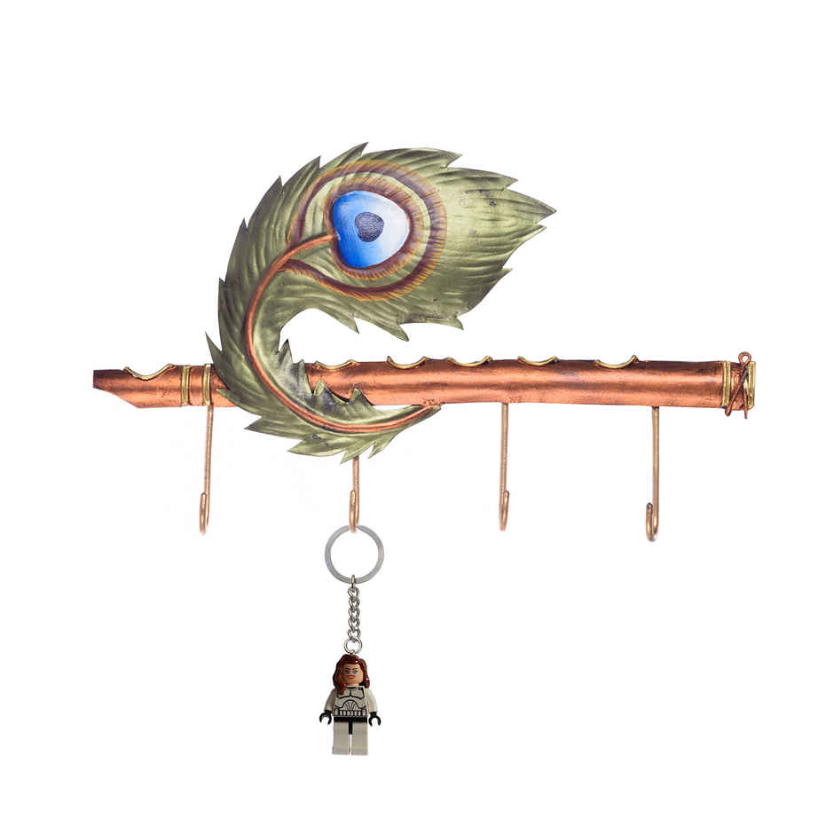 Ecraftindia Wrought Iron Flute With Peacock Feather Designer Key Holder With 4 Key Hooks For Wall