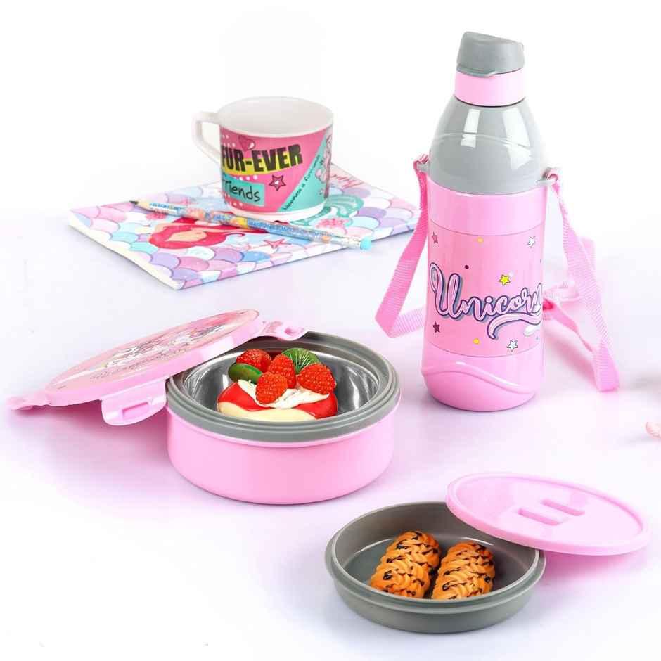 CELLO Tiffy Unicorn Gift Set Insulated Lunch Box & Bottle | Box 460 ml Bottle 400 ml, Pink & Grey