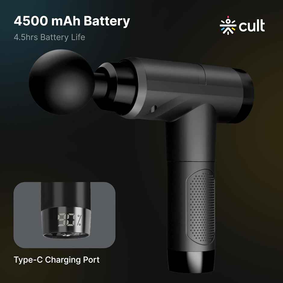 Cult Volt Pro Gun Massager, Silicone Round Head, 4500 mAh Battery, 4 Interchangeable Heads (Black)