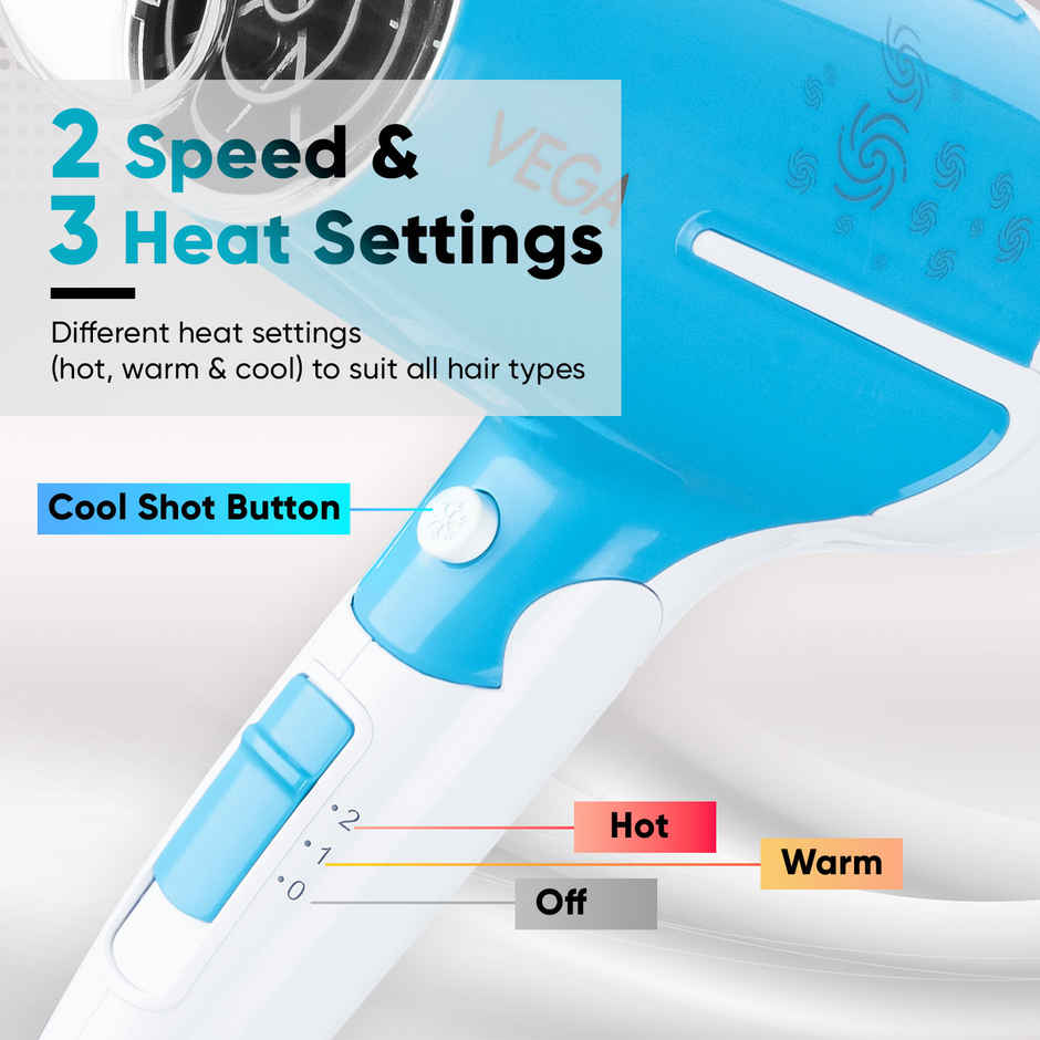 Vega U-Style Foldable Hair Dryer | 1600W | 2 Speed & 3 Heat | Cool Shot | VHDH-32