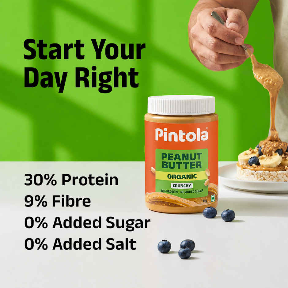 Pintola Organic Unsweetened Peanut Butter Crunchy - High Protein 30G & 9G Dietary Fiber