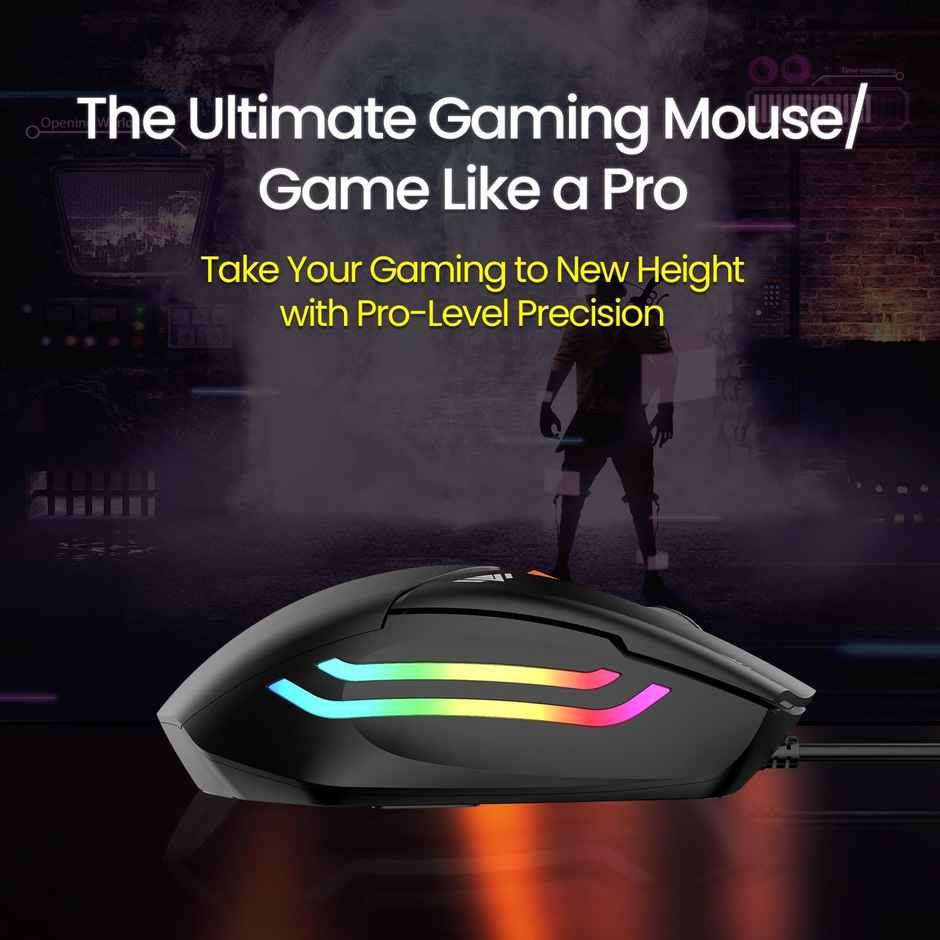 Portronics Vader Wired Gaming Mouse with 6 Buttons, Thumb Support, Adjustable DPI (6400 Max), RGB Light Effects, Ergonomic Design, 1.5 m Long USB Cable for Laptop & PC - Black