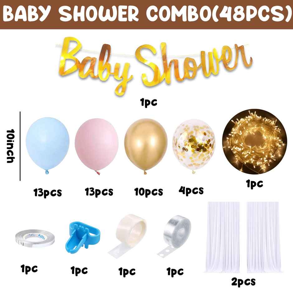 Baby Shower Decoration Items | White Net Curtain, Fairy Lights, Foil Banner, Balloons | Party Propz
