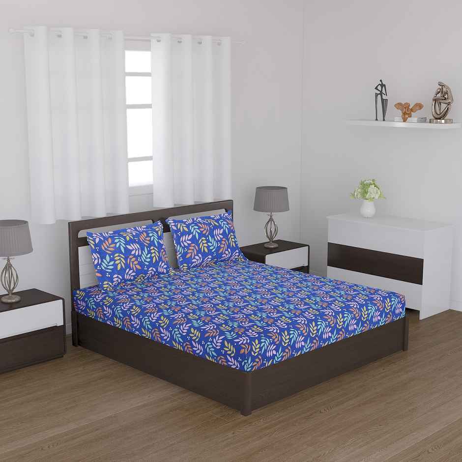 Status Value Double Bedsheet 200 cm X 220 cm Dsn 4 Leaves Blue