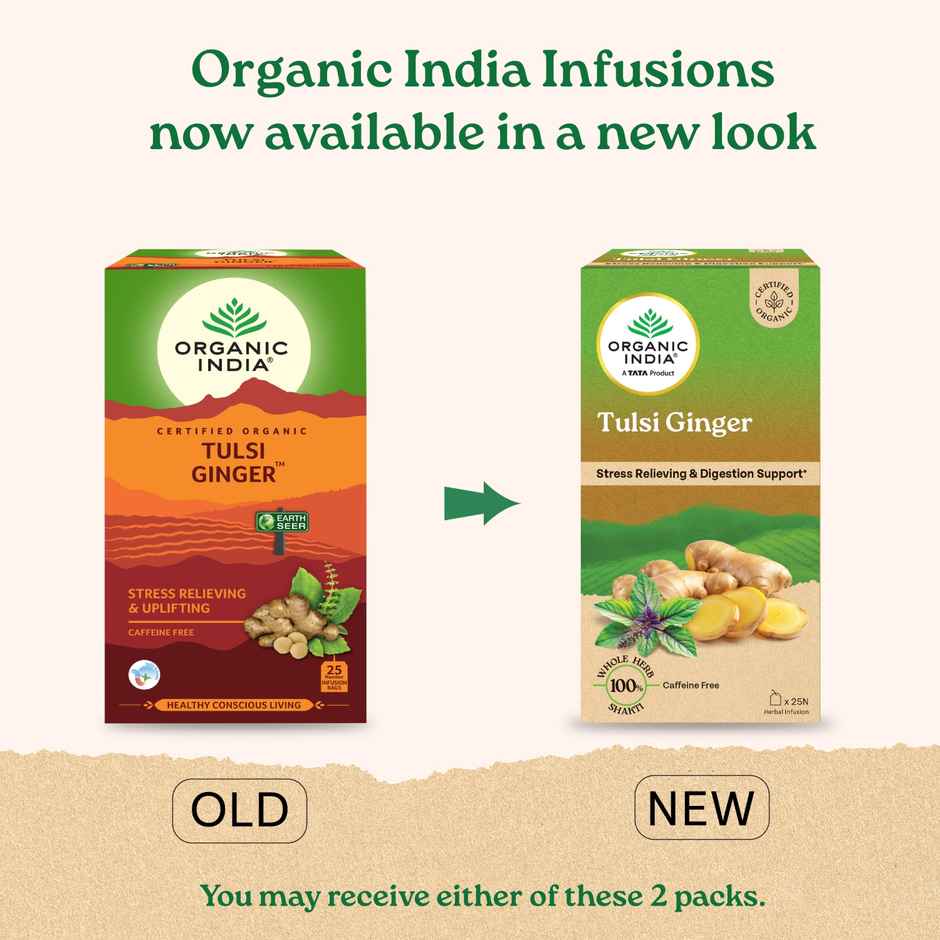 A TATA Product - Organic India Tulsi Ginger - 25 Tea Bags, Rich in Antioxidants, Supports Digestion