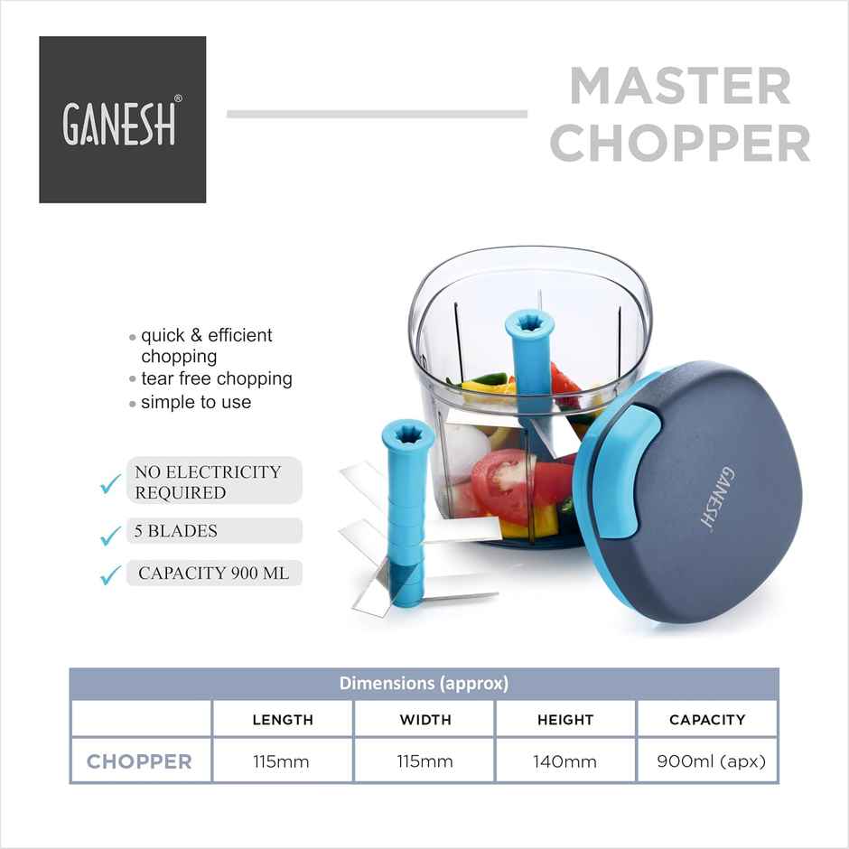 Ganesh Multipurpose Plastic Vegetable Master Chopper With 5 Blades (900 ml) - Color May Vary