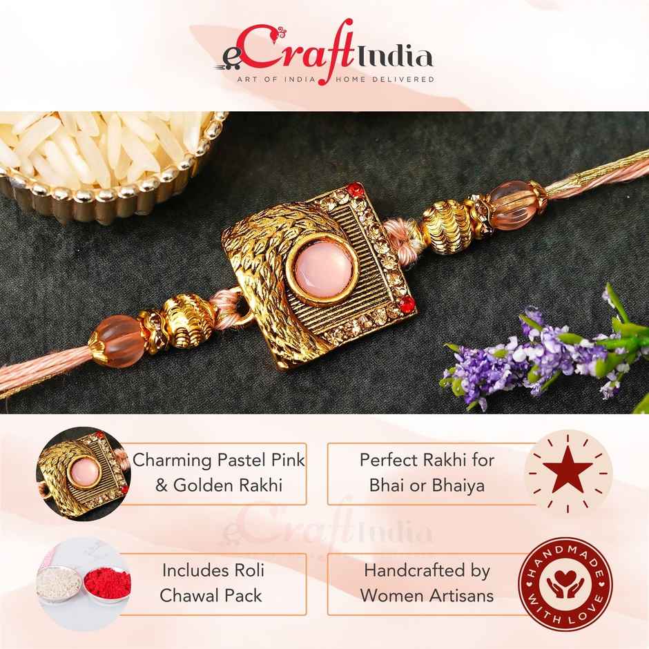 Stone Pastel Pink Golden Designer Fancy Raksha Bandhan Rakhi for Bhai Bhaiya | Roli Chawal Pack (eCraftIndia)