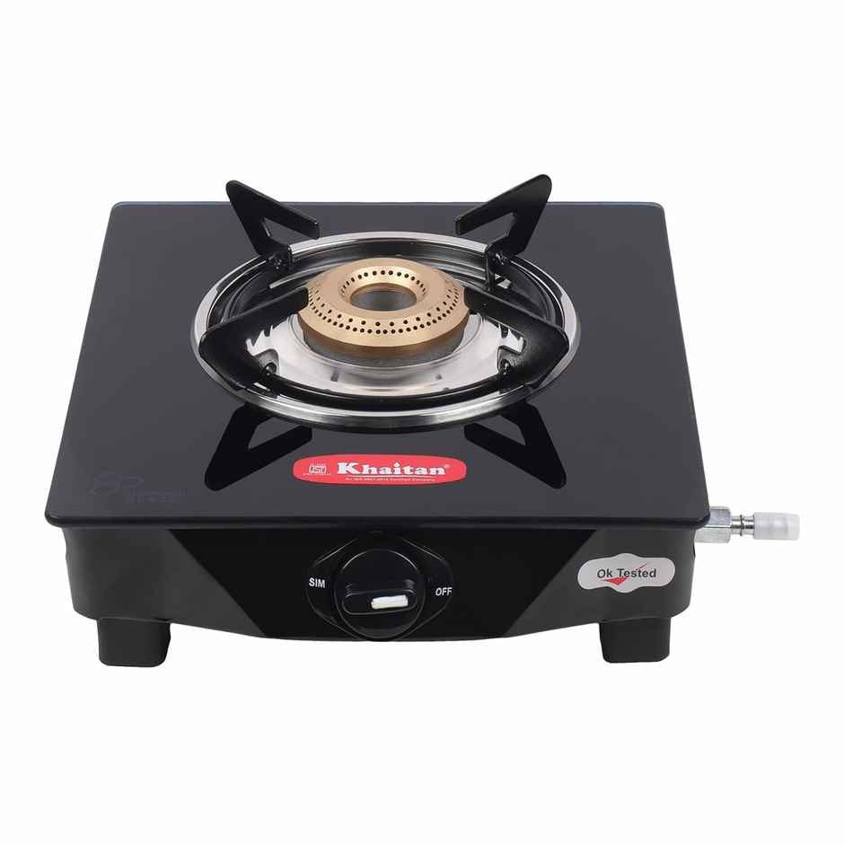 Khaitan 1 Burner BP Jio Toughened Glass | LPG Cooktop I Manual Ignition Stove | Black