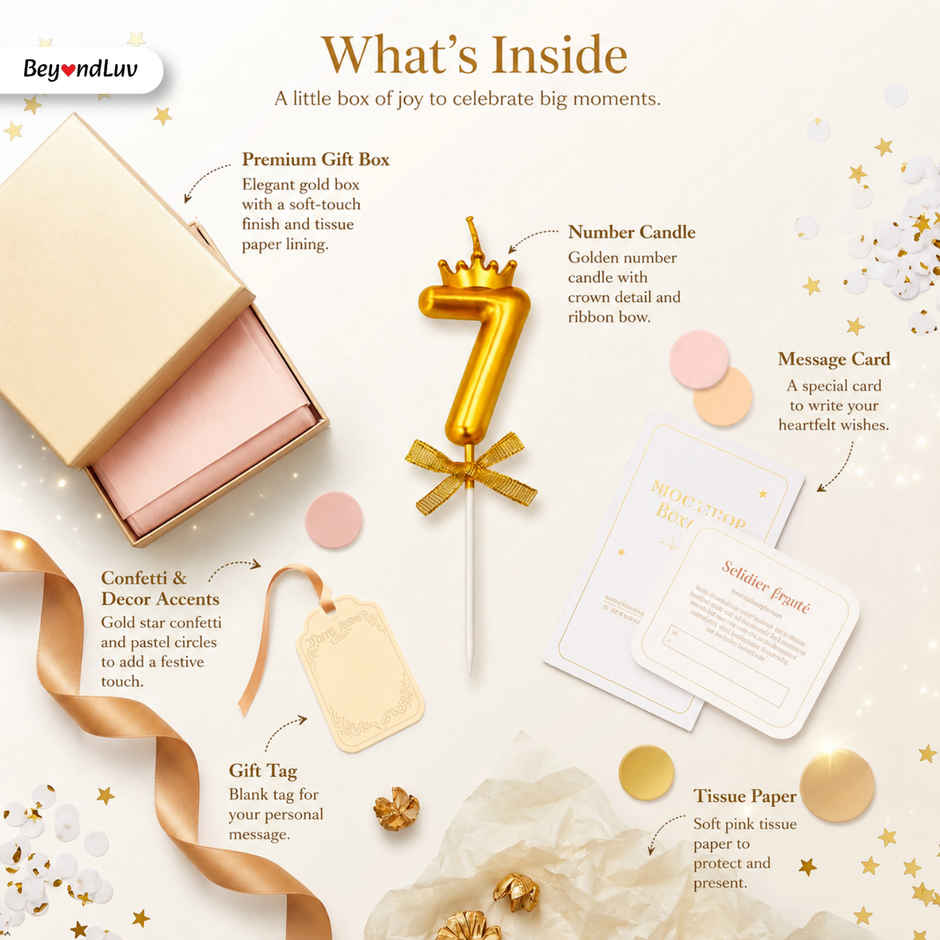 BeyondLuv Candles for Kids Birthday Party- 7 Golden Number Candle With Crown For Girls Boys Birthday