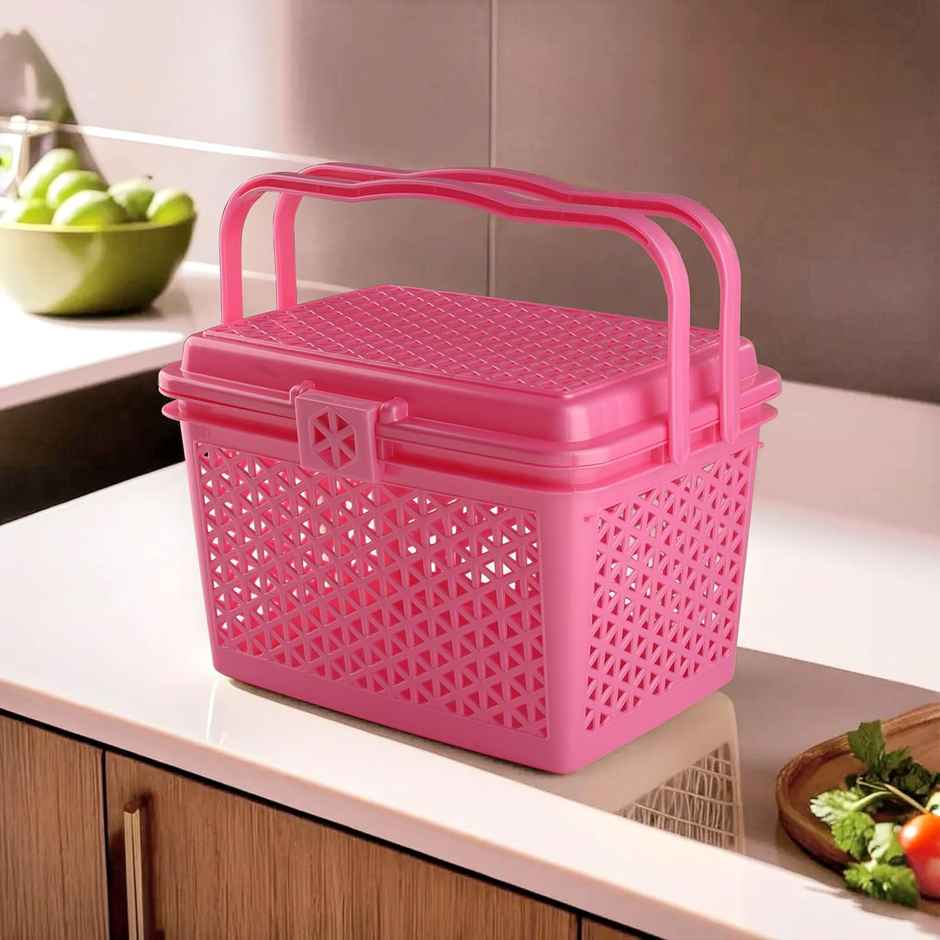 Kuber Industries Plastic Multipurpose Trendy Shopping Big Basket with Lid (Pink)