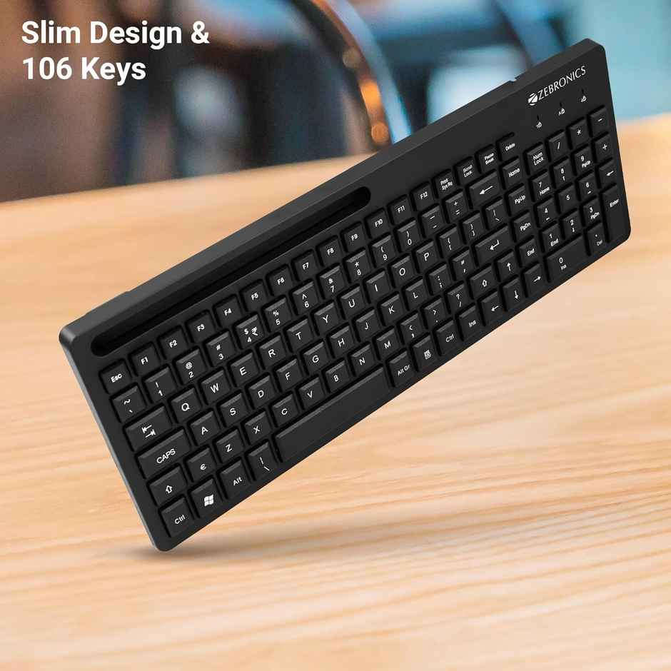 Zebronics K36 Wired Keyboard, 106 Keys, Smartphone Holder, 1.2M Cable Length, Rupee Key - Black