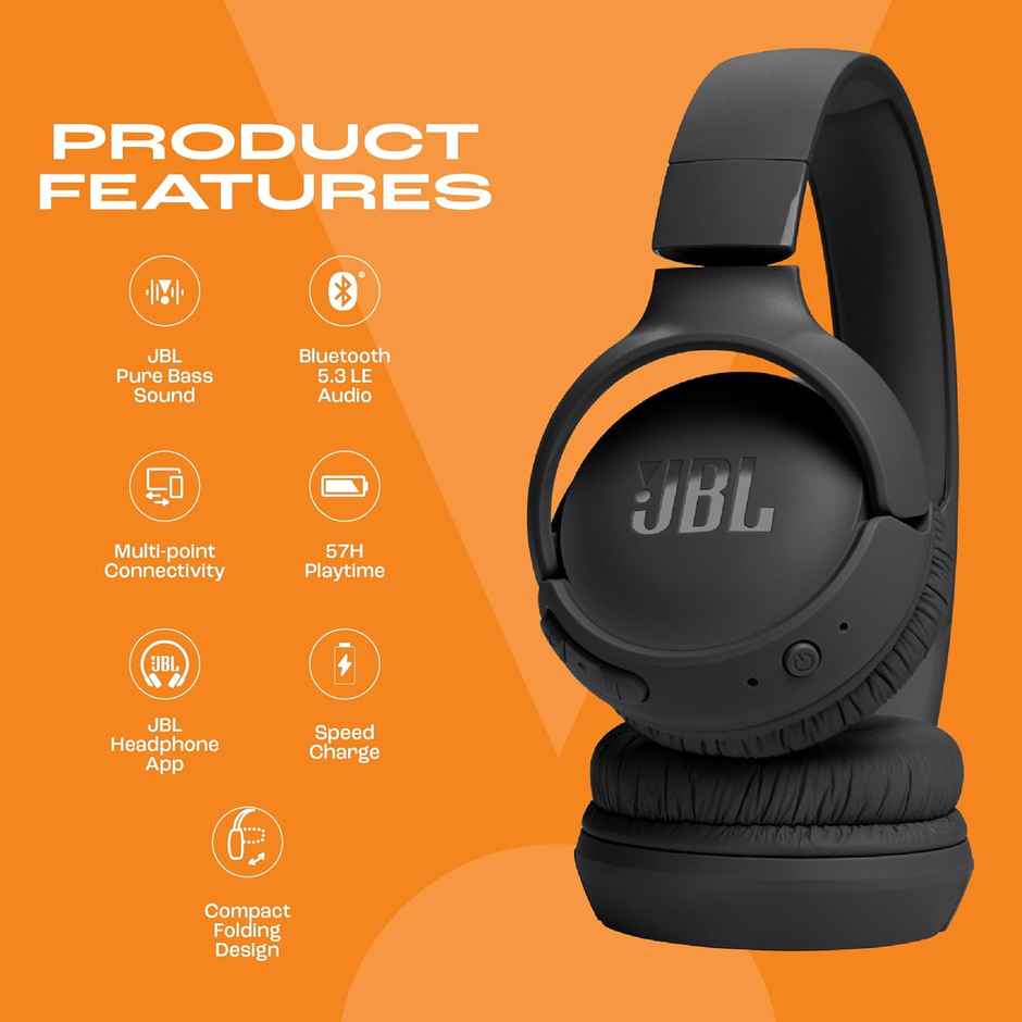 JBL Tune 520BT Wireless On Ear Headphones with Mic, Upto 57H Battery, Speed Charge : 5 Min Charge Gives Up to 3H of Playback, Multipoint Connect, Customizable Bass with Headphones App, BT 5.3 - Black