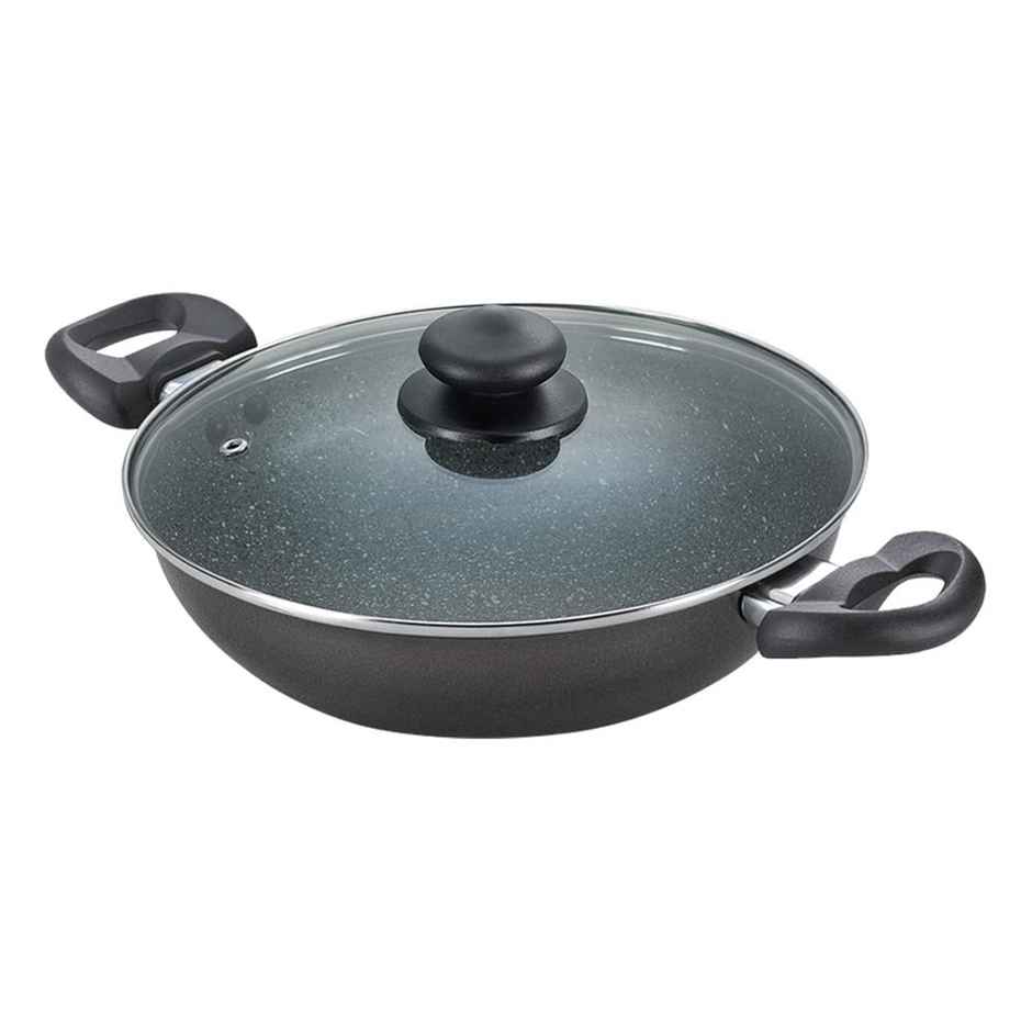 Prestige 26cm | 3.25 Litre Omega Deluxe Granite Non-stick Kadai with Glass Lid | Black