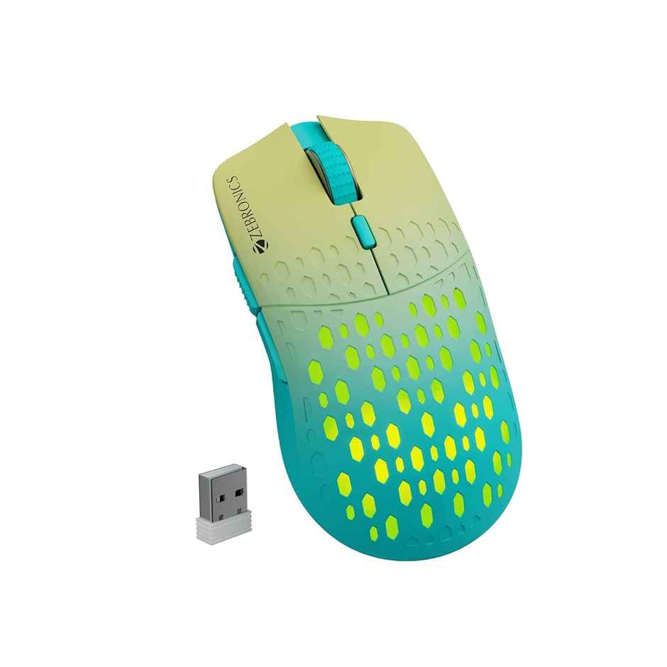 Zebronics Marine Wireless Mouse with Rechargeable Battery, BT + 2.4GHz, 6 Buttons, 4 DPI, 1000/1600/2400/3200, Comfortable & Ergonomic Design, Multicolor LED Lights - Green