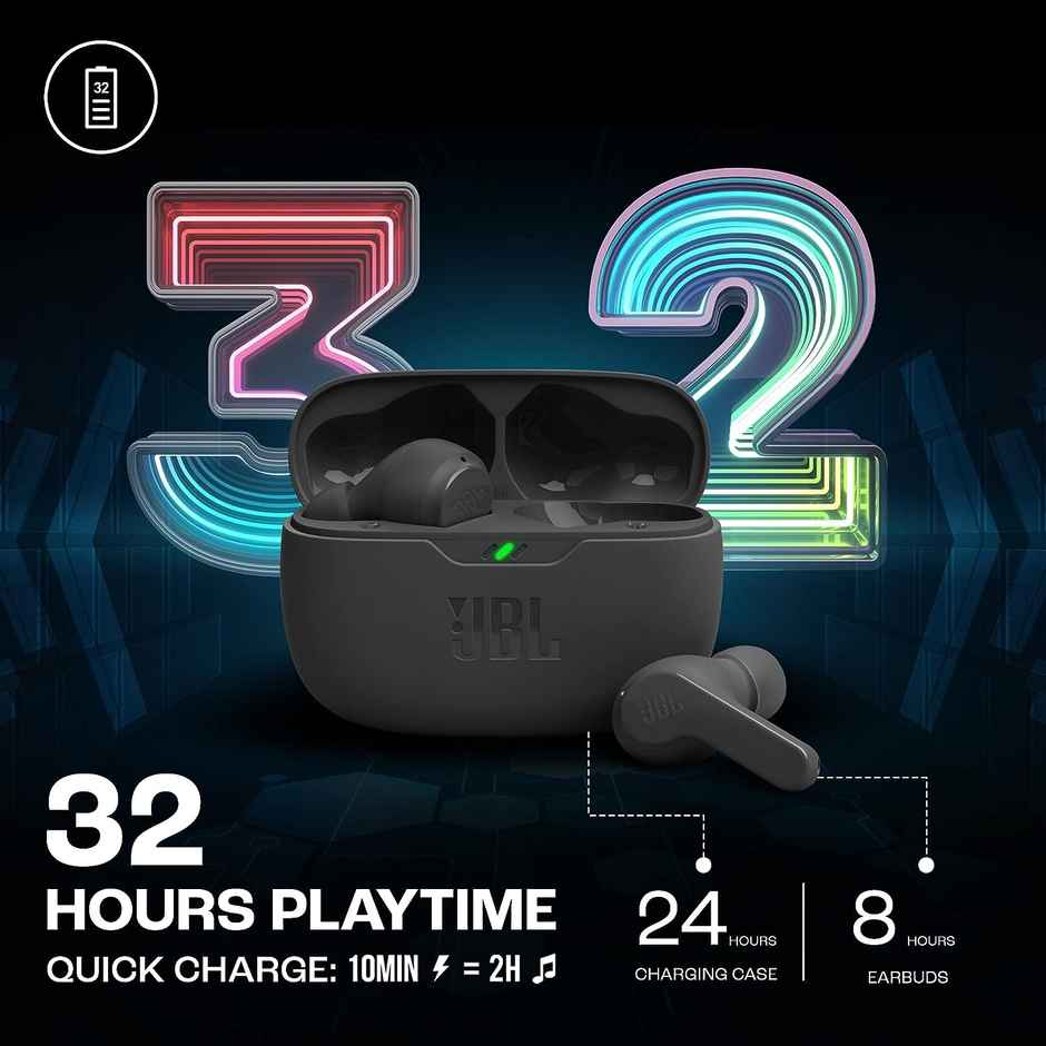 JBL Wave Beam In Ear TWS Earbuds, 32Hr Playtime, IP54, Smart Ambient & TalkThru Mode, App Bluetooth - Black 