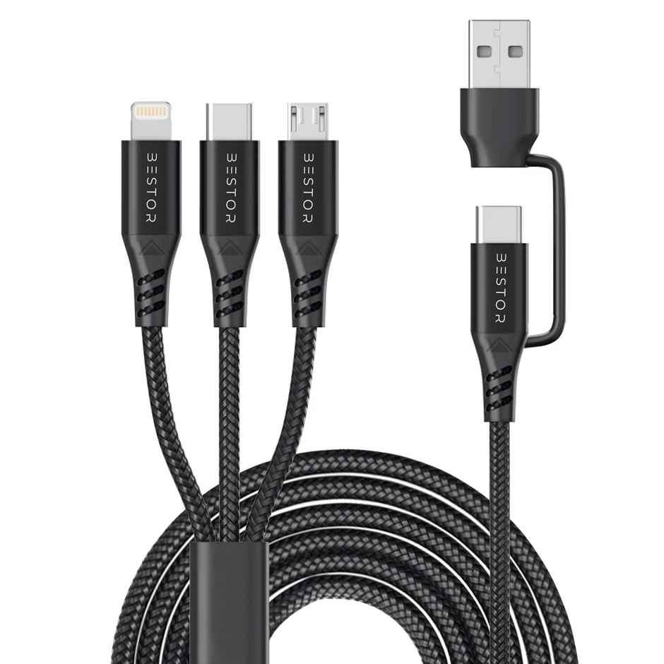 Bestor 60W USB C Multi Fast Charging Cable Nylon Braided Cord 5-in-1 3A USB/C to Type C/Micro/Phone Fast Sync Charger Cable Compatible with Laptop/Tablet/Phone (1.5 M) - Black